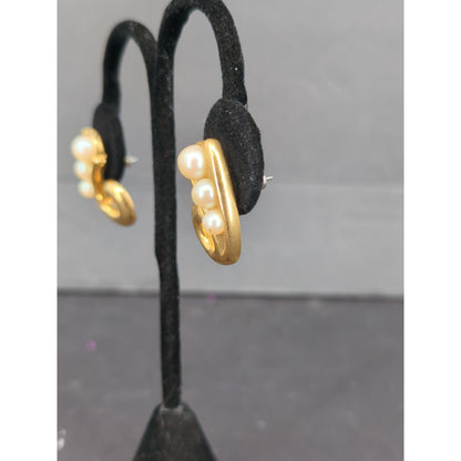 Vintage Matte Gold Tone Faux Pearl Swirl Stud Pierced Earrings
