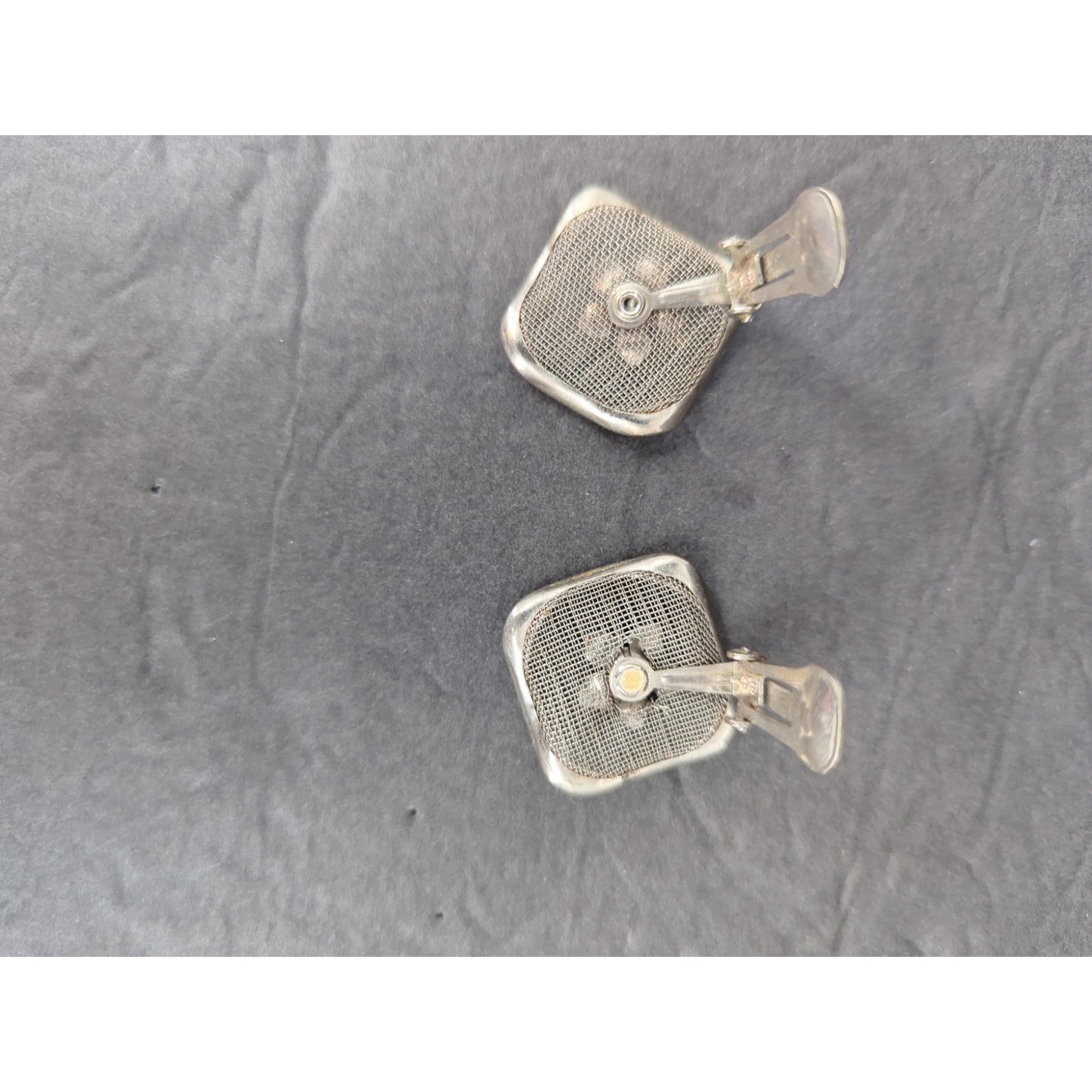 Vintage Silver Tone Mesh Oval Square Opalescent Flower Clip On Earrings Retro