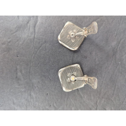 Vintage Silver Tone Mesh Oval Square Opalescent Flower Clip On Earrings Retro
