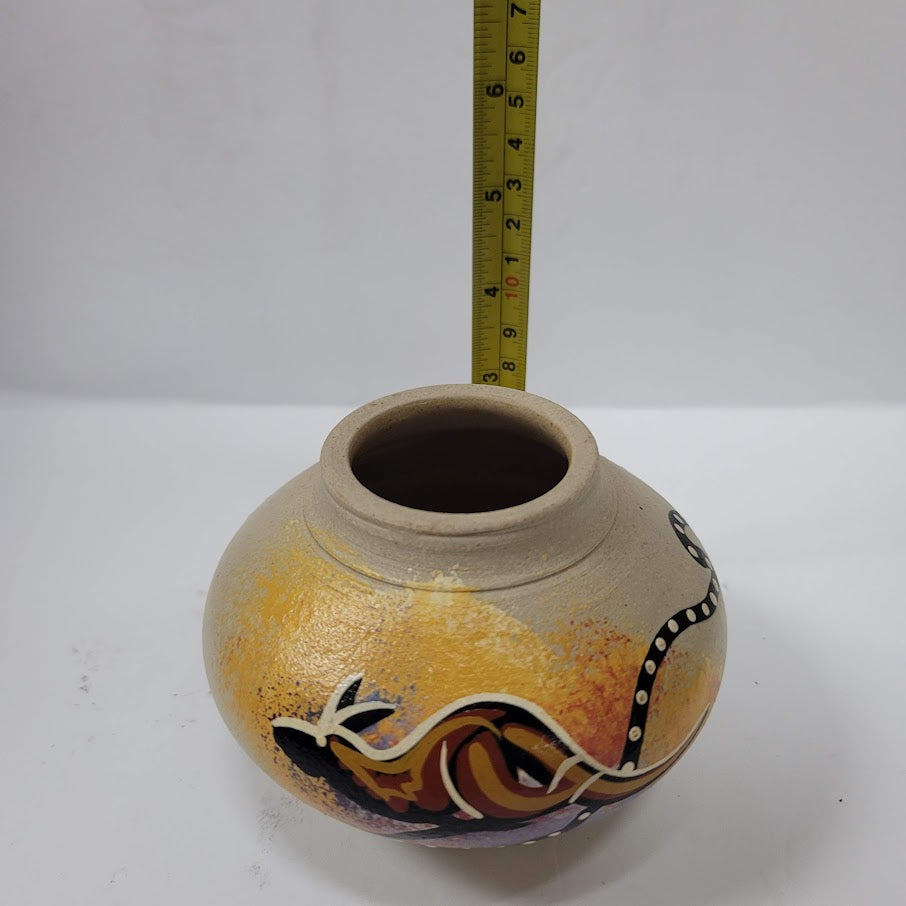 Australia Aboriginal Art Pottery Vase, Kangaroo Signed LB Small mini Vintage