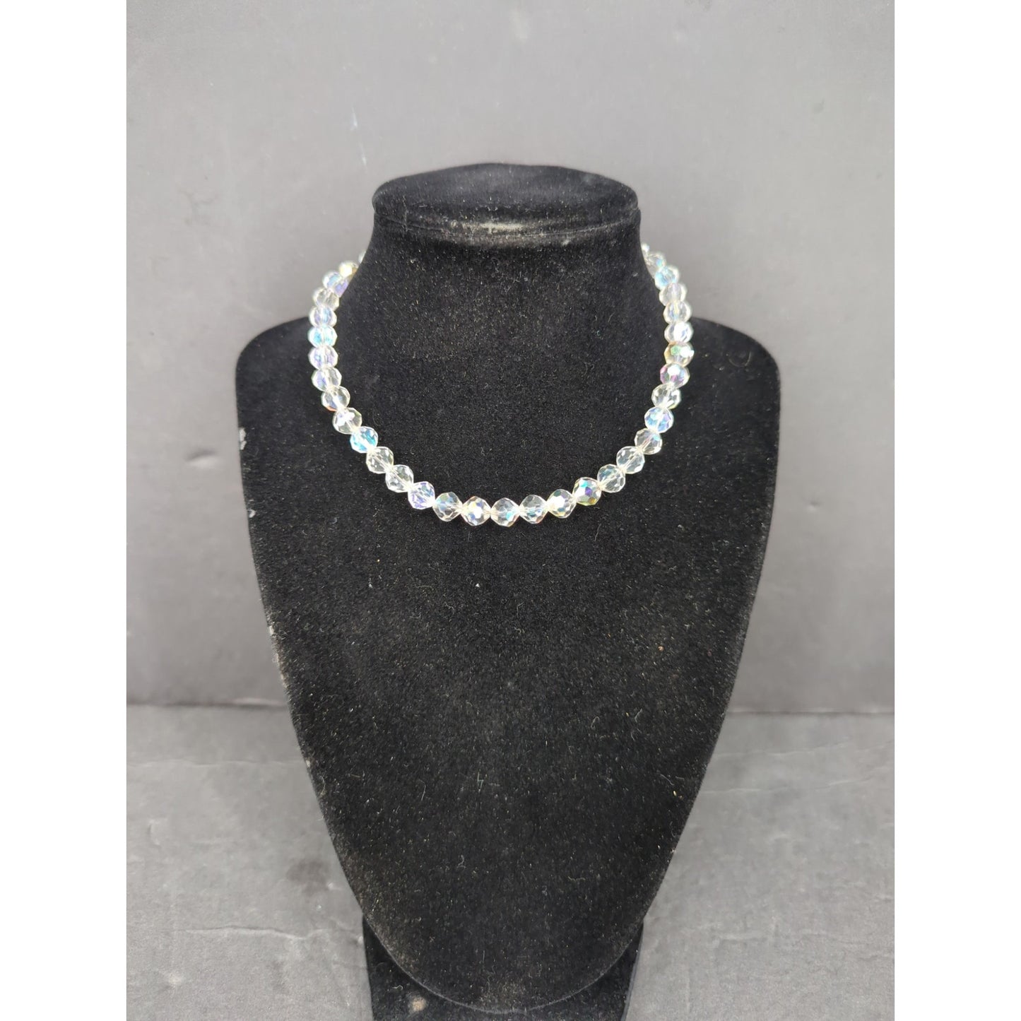 Vintage Clear Aurora Borealis Crystal Bead Necklace Mid-Century Glamour