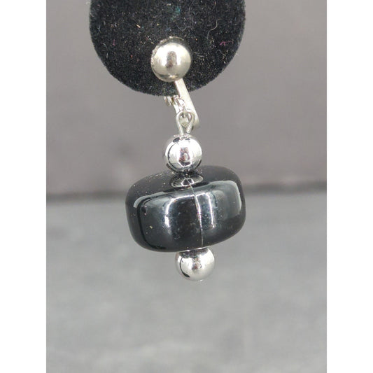 Vintage Black Glass Drop Dangle Earrings Silver Tone Clip Ons Retro FairyCore