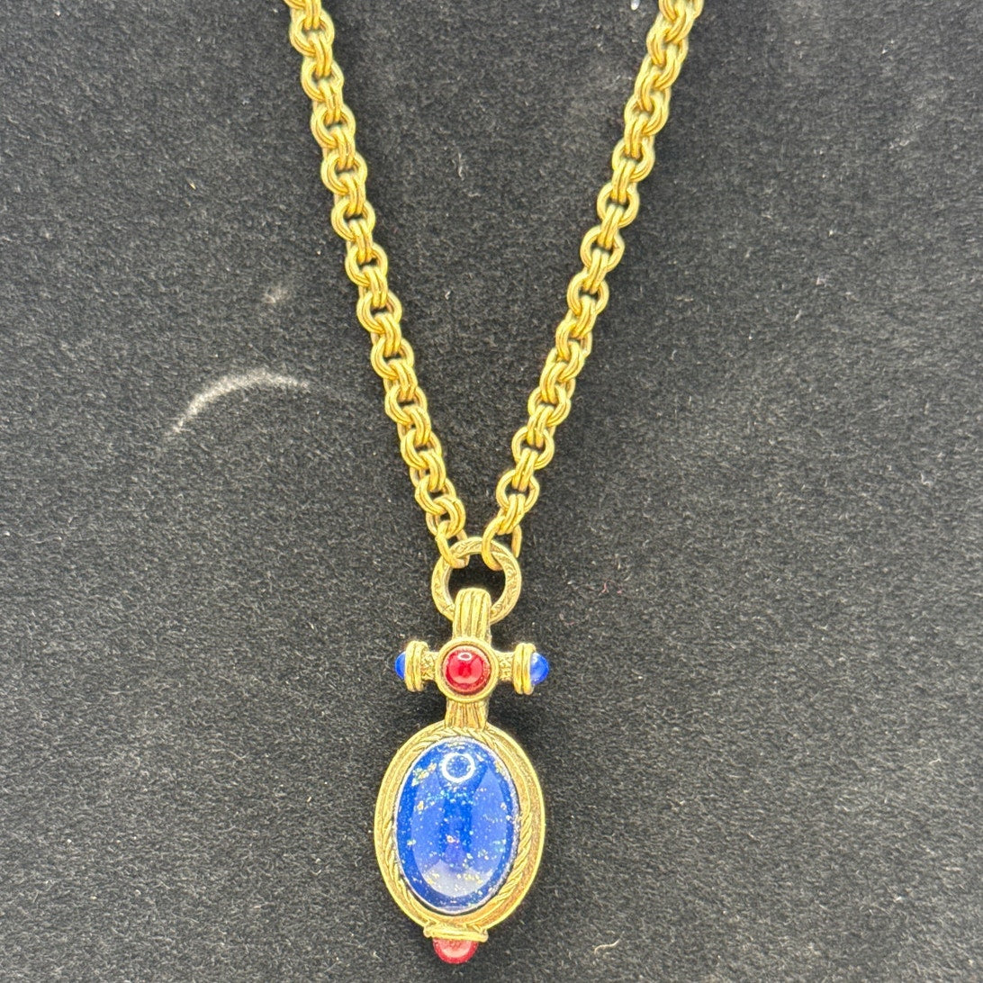 1928 Jewelry Co. Victorian Revival Blue Cabochon Gold Tone Lariat Necklace