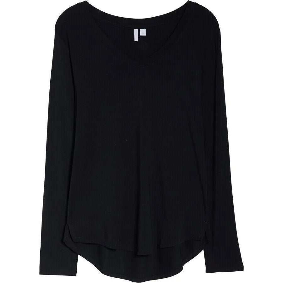 Nordstrom V-Neck Stretch Long Sleeve Pullover Top Size Small in Black NWT