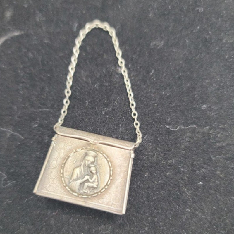 Antique German Alpacca Silver Mini Purse D.R.G.M. Religious Relic Art Nouveau