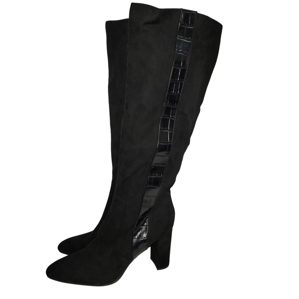 14th Union Jaki Knee High Slipon Side Zip Black Faux Alligator Heel Boots Size 9