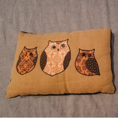 Vintage Folk Art Burlap Owl Pillow Embroidered Boho Rustic Accent Cushion