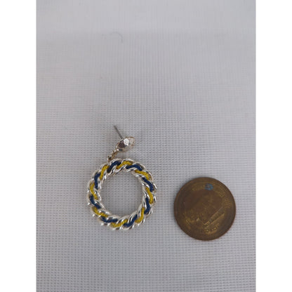 Vintage Silver Tone Blue Yellow Braided Hoop Dangle Earrings