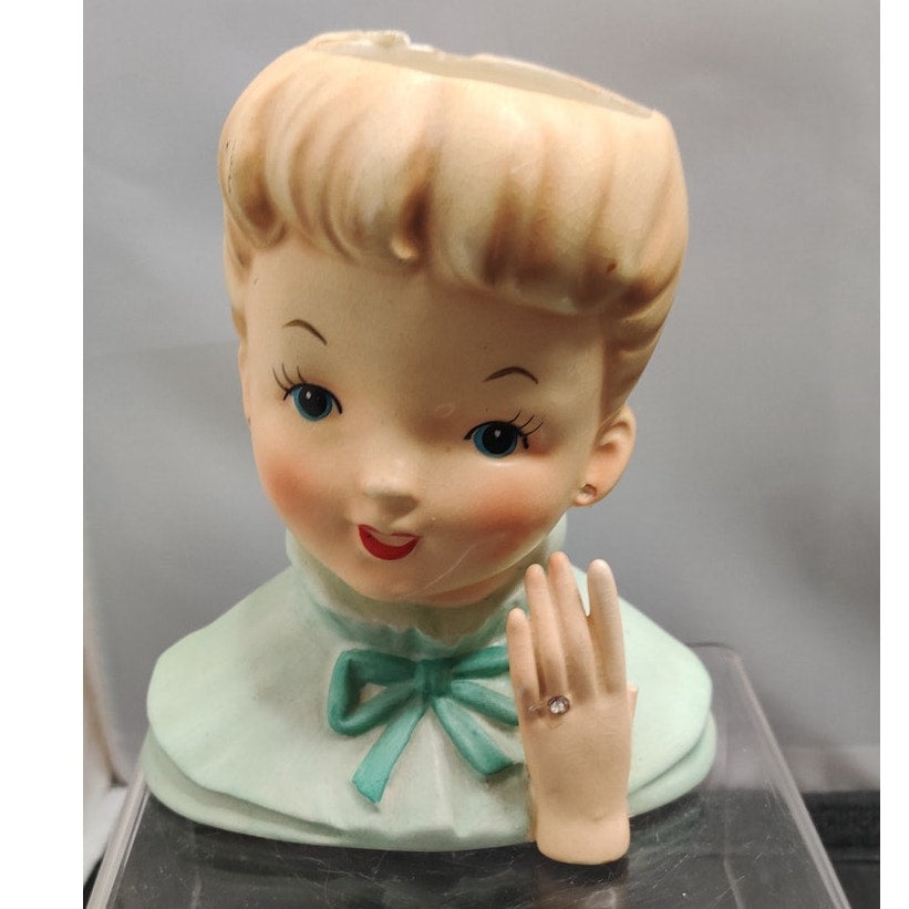 Vintage 1950s Damaged Napco Blonde Lady Head Vase Planter Green Dress Kitsch