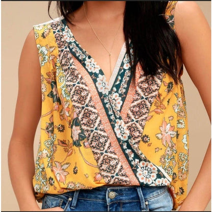 Free People Medium Havana Golden Yellow Floral Print Sleeveless Surplice Top