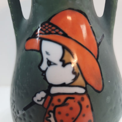Austrian Art Pottery Double handle Vase Boy & Dog 6" green orange Porcelain