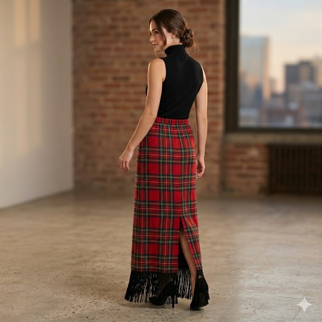 Ronni Nicole Petite Red Tartan Plaid Maxi Skirt Glass Beaded Back Slit VTG. PXL