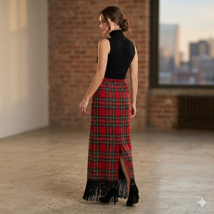 Ronni Nicole Petite Red Tartan Plaid Maxi Skirt Glass Beaded Back Slit VTG. PXL