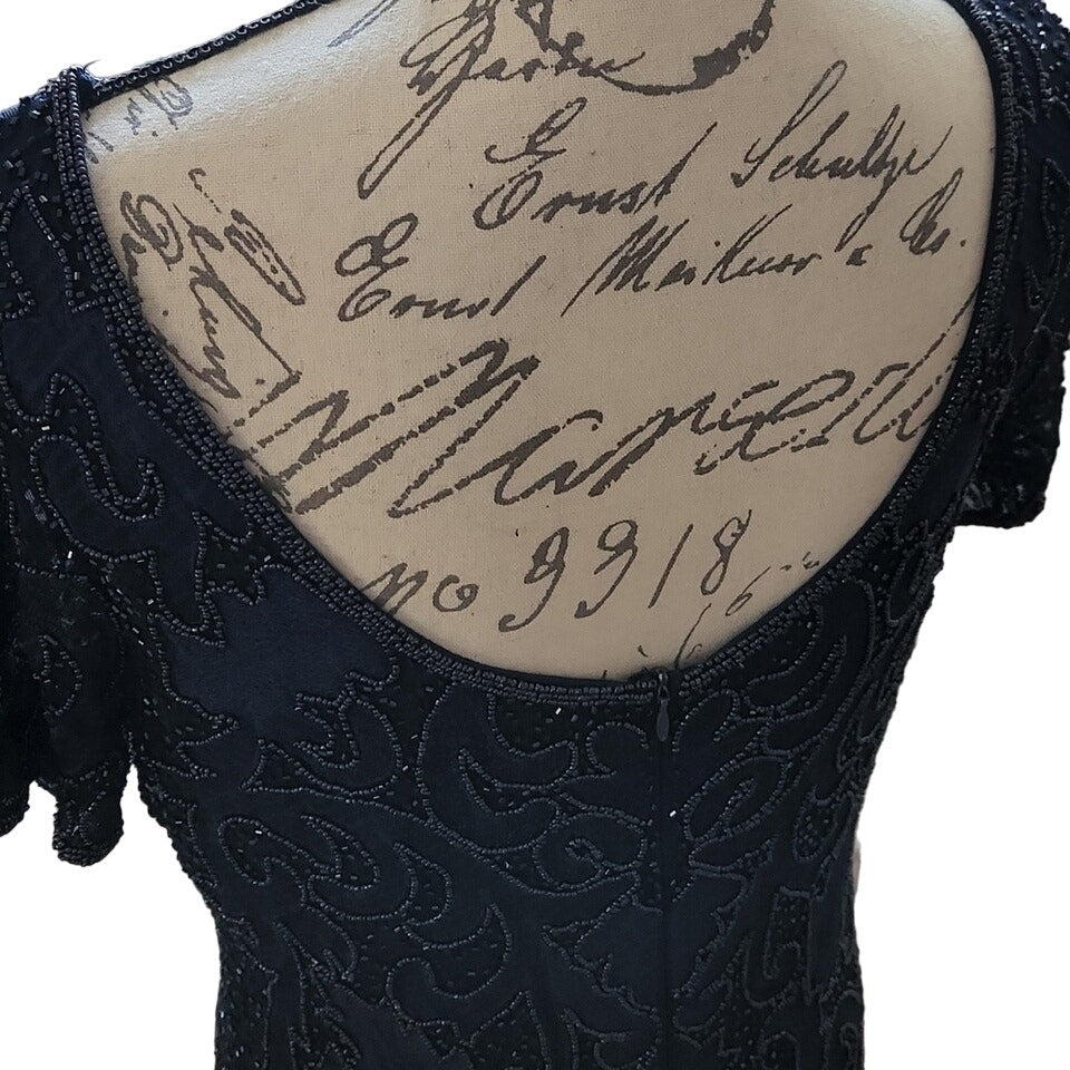 Pisarro Nights Long Line Art Deco Beaded Mesh Formal Gown Sz 18 in Navy NWT