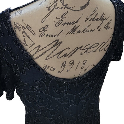 Pisarro Nights Long Line Art Deco Beaded Mesh Formal Gown Sz 18 in Navy NWT