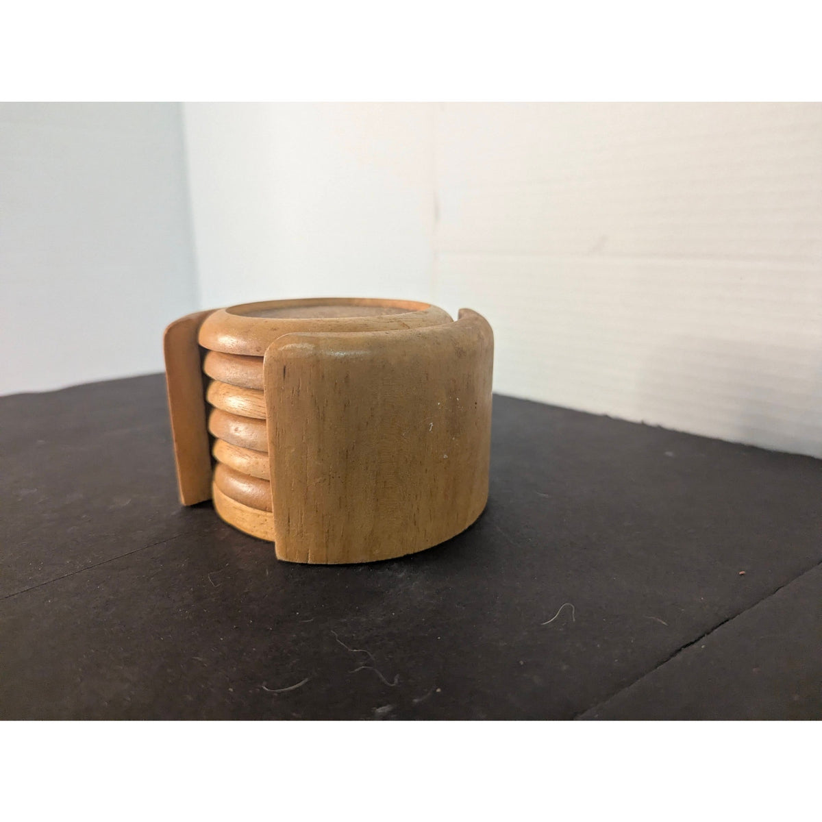 Vintage Mid Century Modern Wooden Drink Coasters Set of 6 with Holder