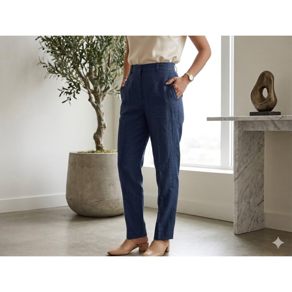 Vintage Navy Blue Linen Tapered Pants High Waist Pockets Size 4 Career Luxe