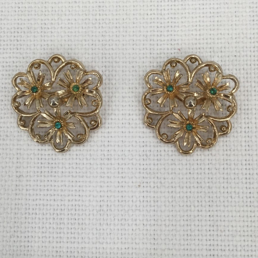 renaissance revival brooches PAIR of two matching pins goldtone faux emerald