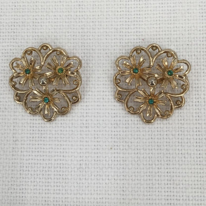 renaissance revival brooches PAIR of two matching pins goldtone faux emerald