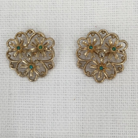renaissance revival brooches PAIR of two matching pins goldtone faux emerald