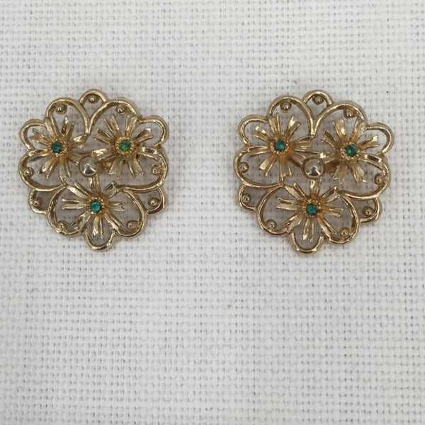 renaissance revival brooches PAIR of two matching pins goldtone faux emerald