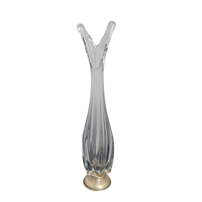 Crystal 12"  clear glass swung vase with Silver Stamped base 1960's V top taper