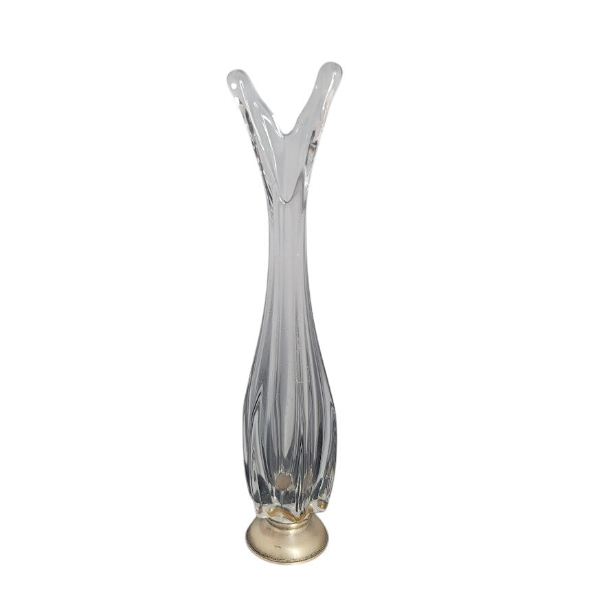 Crystal 12"  clear glass swung vase with Silver Stamped base 1960's V top taper