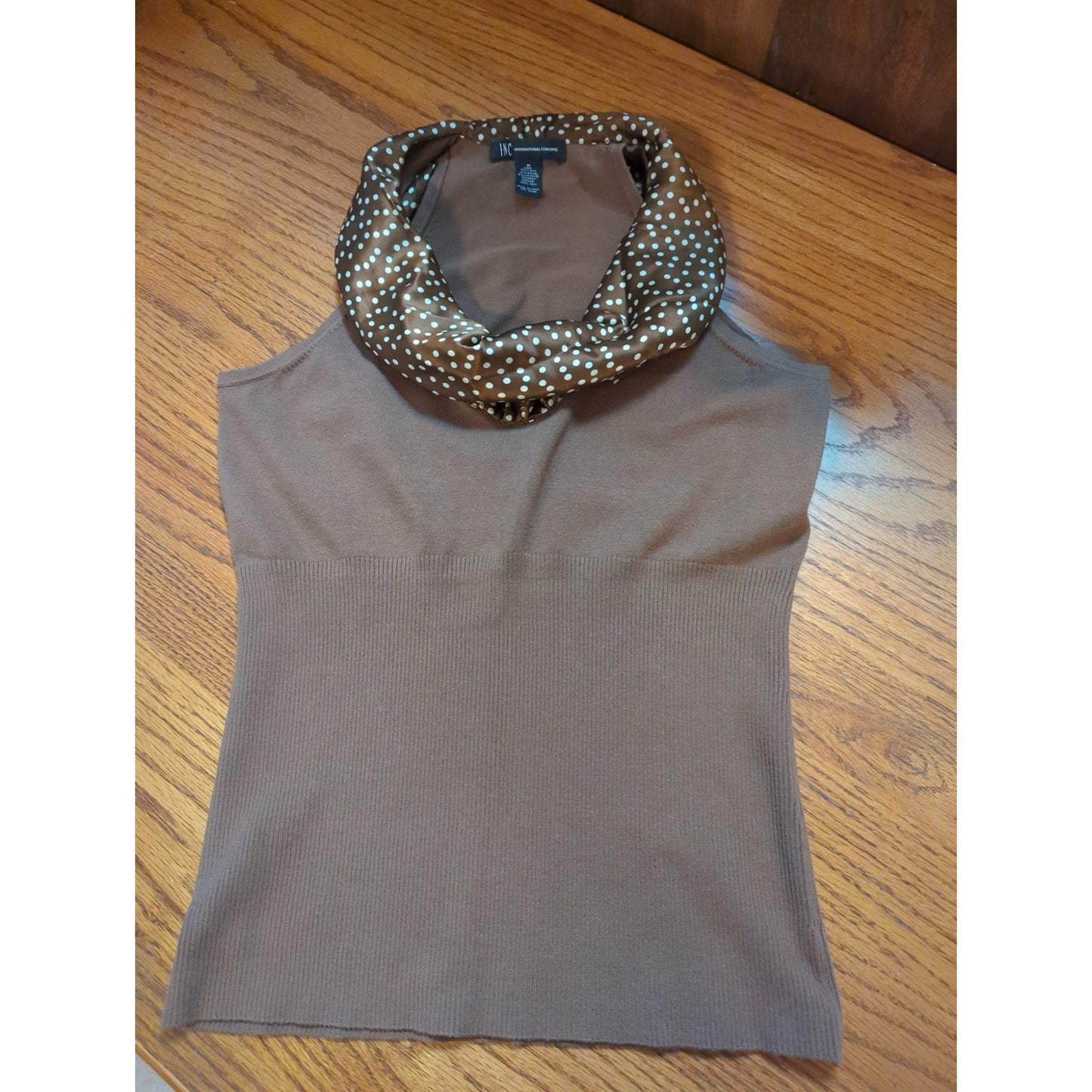INC International Concept Brown Polka Dot Cowl Neck Halter Tank Top Medium Retro
