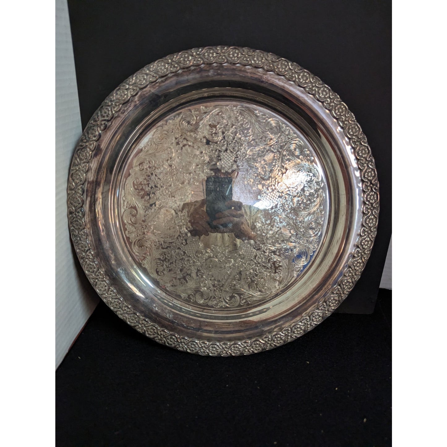 Vintage Hollywood Regency Silverplate Round Platter Ornate Serving Tray