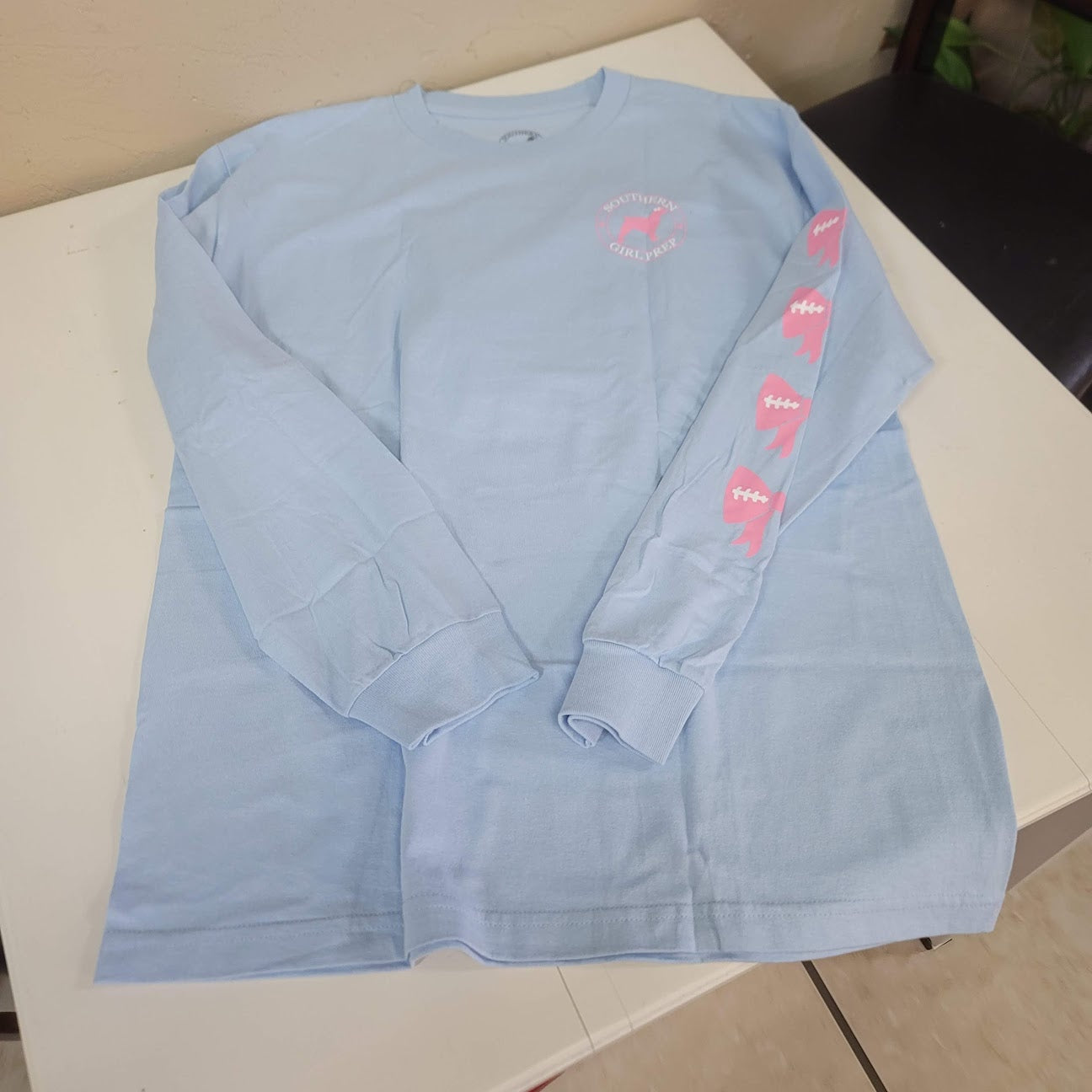 Southern Girl Prep NEW Long Sleeve T-Shirt Cotton GAME DAY Pink blue Bows LARGE