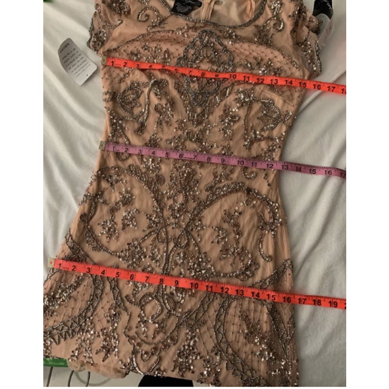 Pisarro Nights Blush Pink Sequined Beaded Gown Short Sleeve Size 2 or XS Formal
