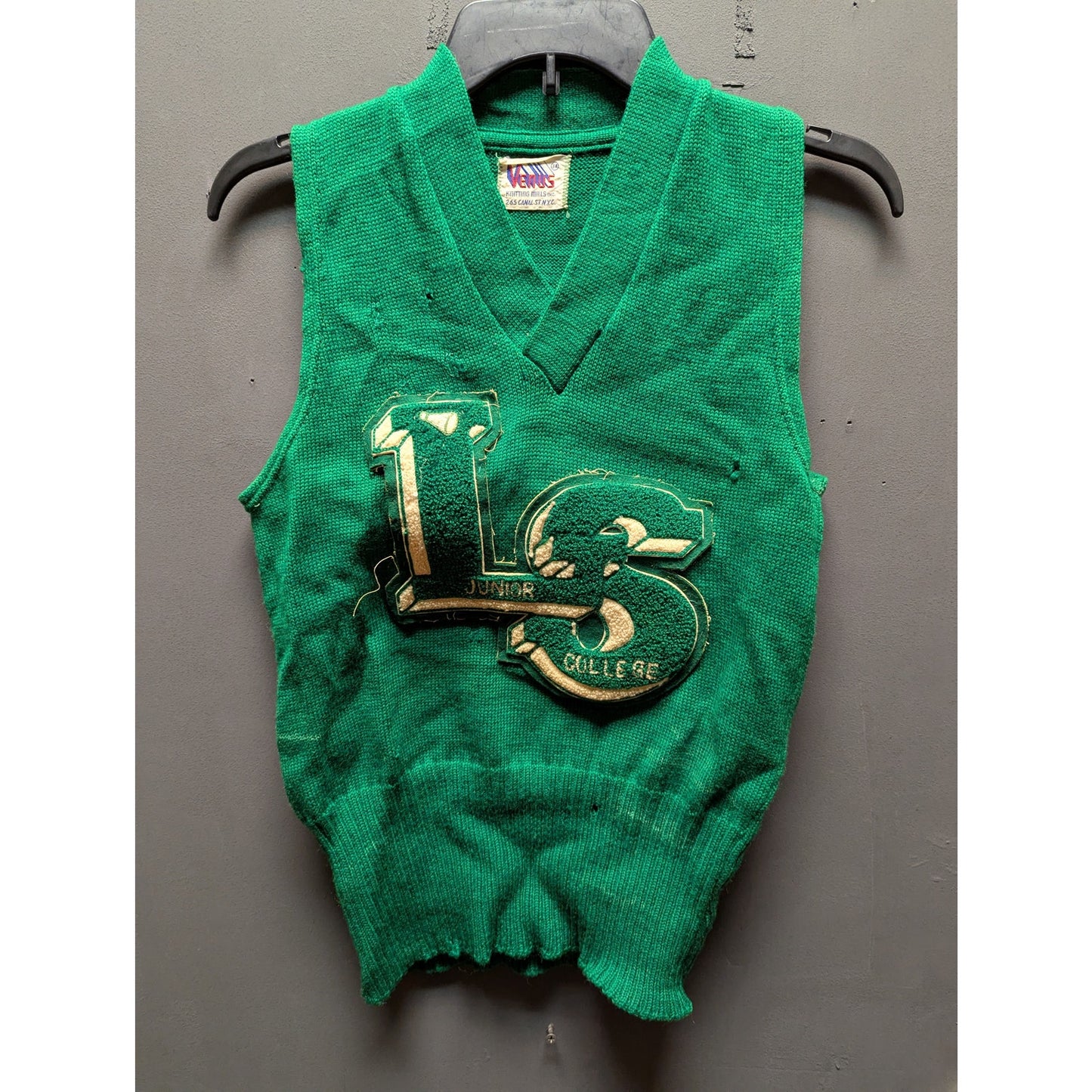 Vintage Venus Knitting Green Varsity Letterman Sweater Vest LS Junior College