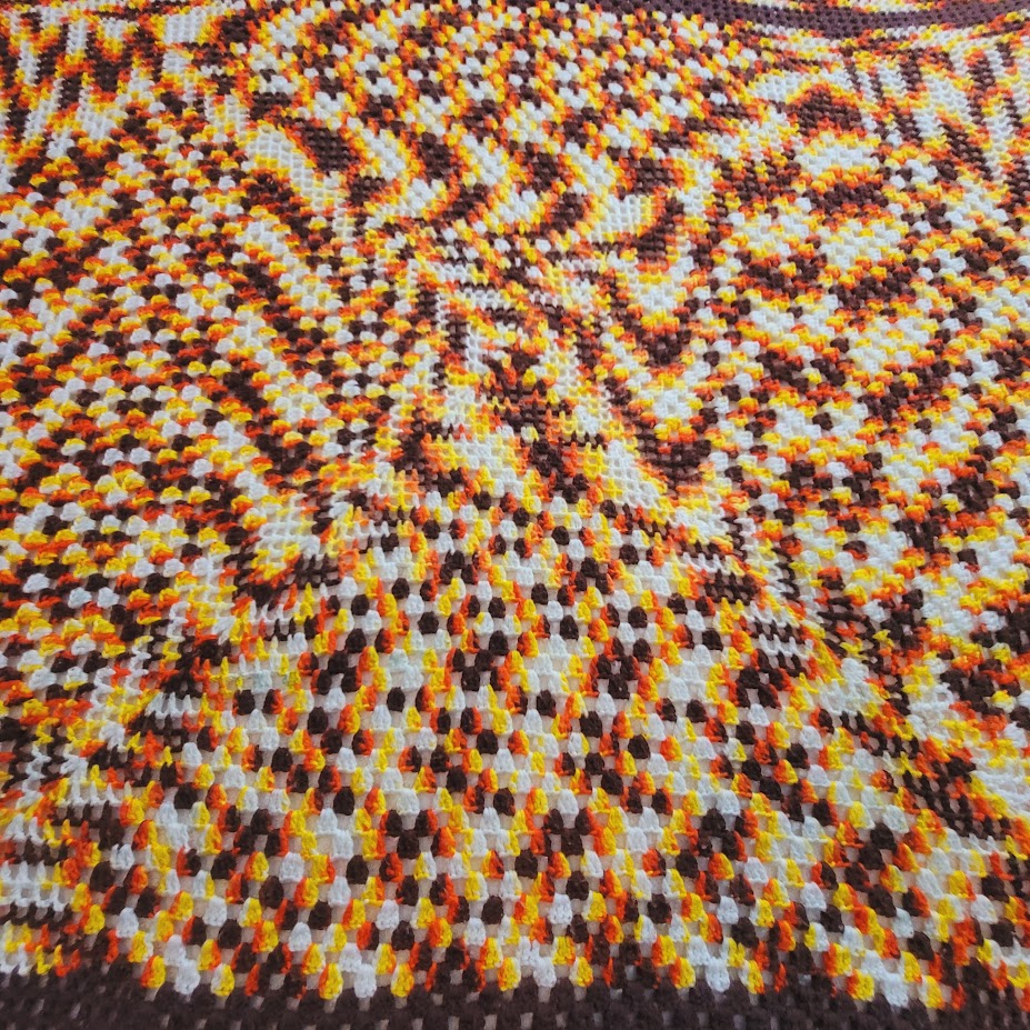 Handmade crocheted 70s coverlet yellow brown white orange Queen / Full blanket