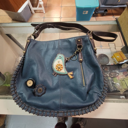 New Boho Whipstitch Chala Crossbody Bag Blue Vegan Leather Bird Charm Messenger