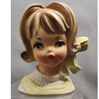 Vintage Yellow Jumper Blonde Lady Head Vase Planter Kitsch Ceramic Inarco E-2767