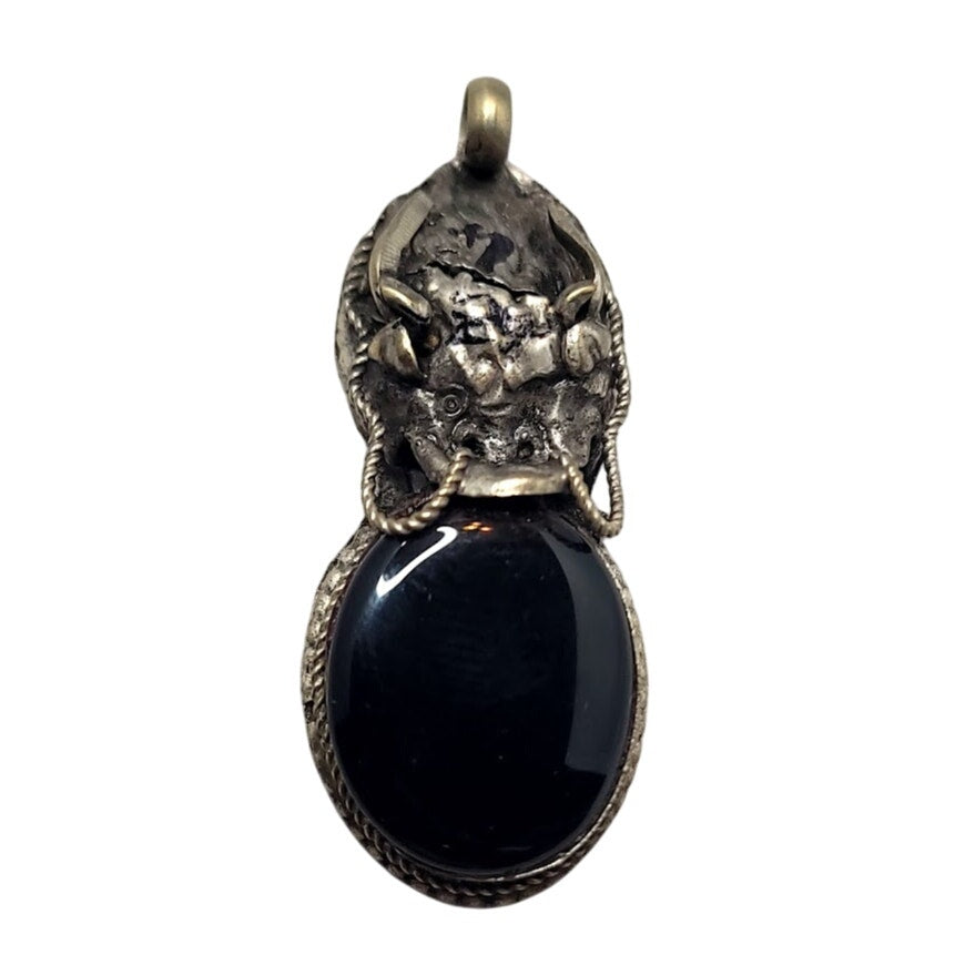 Silver and Onyx Dragon head Amulet Pendant Costume Jewely 2"