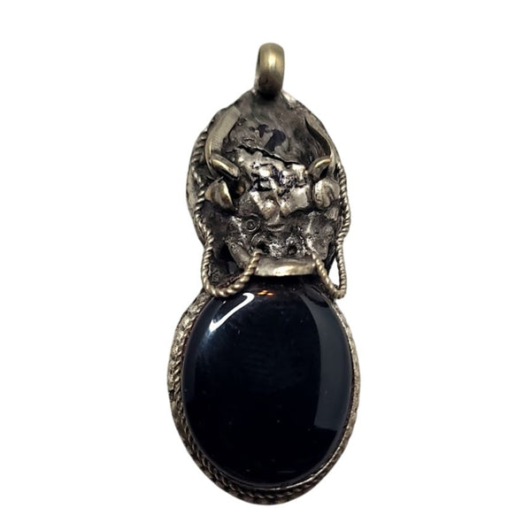 Silver and Onyx Dragon head Amulet Pendant Costume Jewely 2"