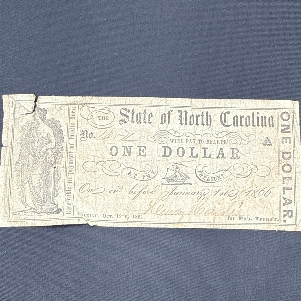 Currency Bank Note USA Paper Money State of North Carolina $1  Series 1861
