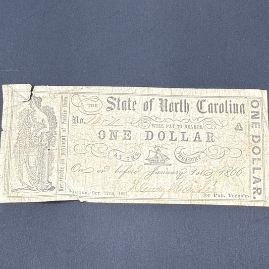 Currency Bank Note USA Paper Money State of North Carolina $1  Series 1861