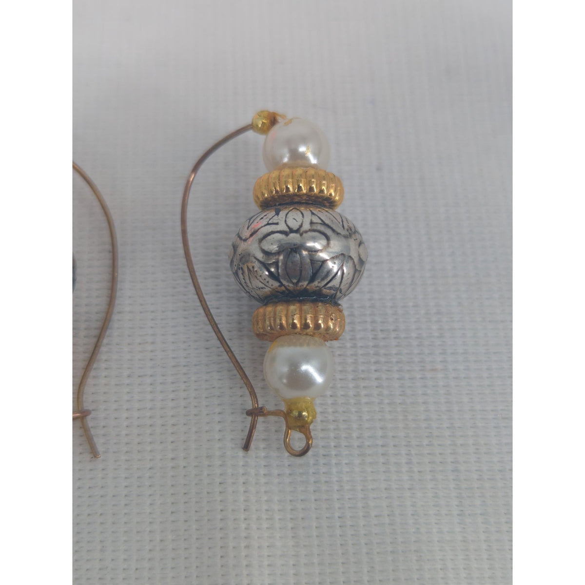 Vintage Ornate Beaded Dangle Earrings Silver Gold Faux Pearl Bohemian Chic