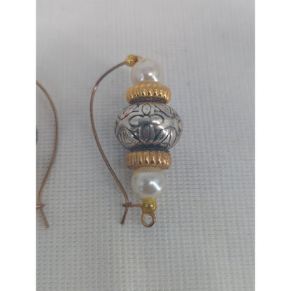 Vintage Ornate Beaded Dangle Earrings Silver Gold Faux Pearl Bohemian Chic