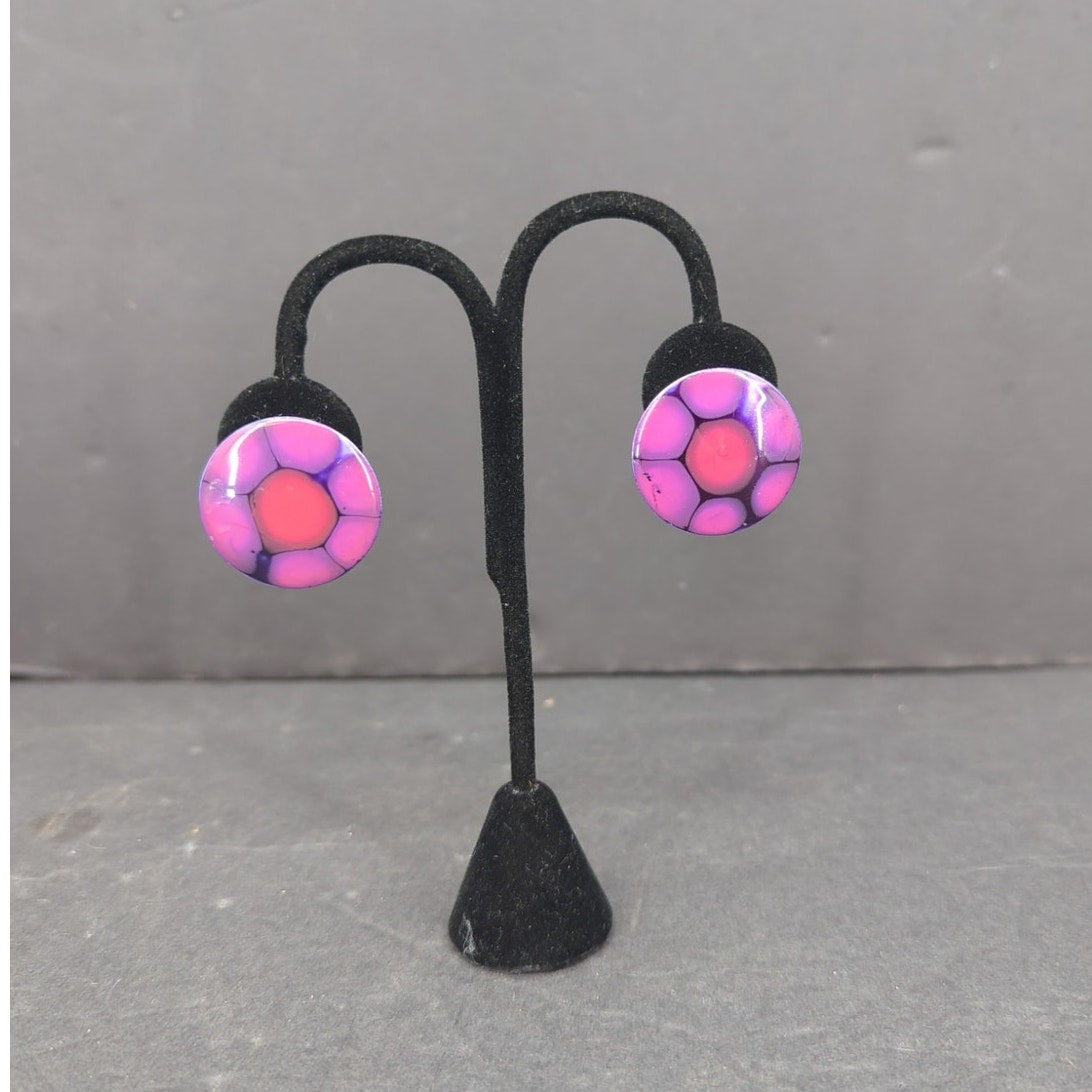 Vintage West Germany HandPainted Enameled Metal Clip On Earrings Abstract PURPLE