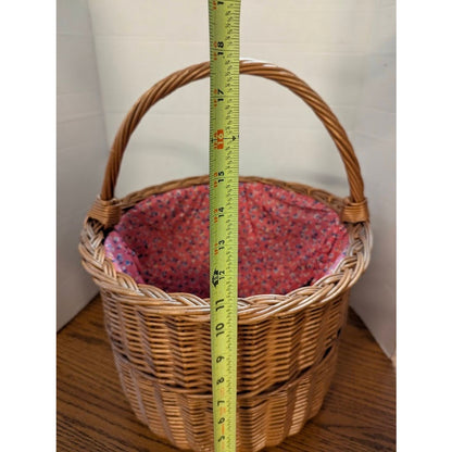 Vintage Woven Wicker Gathering Basket with Calico Drawstring Liner Sewing 18"