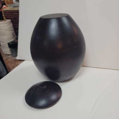 Handmade HAND TURNED urn wood dark egg shape 10" tall with lid URN Biscuit