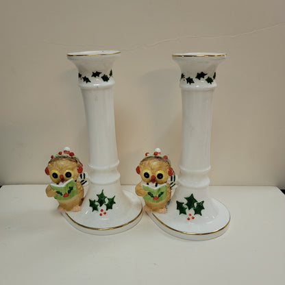 Enesco pair candlestick candle holders 1977 Bone China Holly Bird Gold White