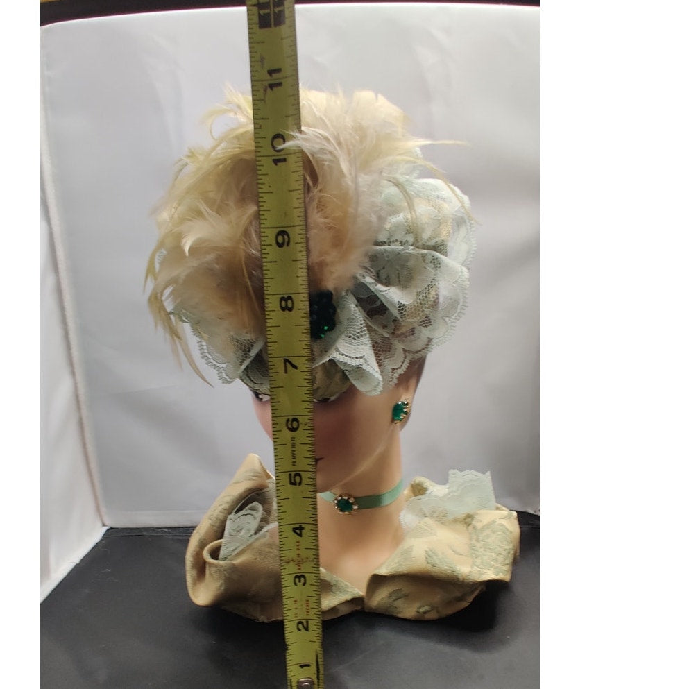 Vintage 10" Glamour Lady HeadVase Planter Fancy Hat Kitsch Ostrich FeathersRARE