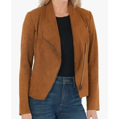 KUT from the Kloth Karina Moto Draped Faux Suede Jacket Sz Medium in Brandy NWT