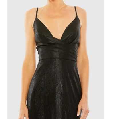 Leena for Mac Duggal Metallic Gray Plunging Halter A-Line Maxi Gown Dress 14 NWT