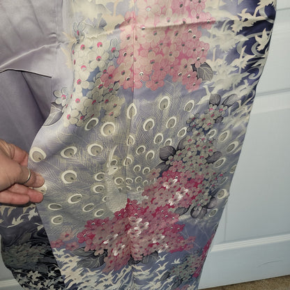 Vintage Silk Tomesode (short sleeve) Kimono Robe Blue Birds Pink White Sakura