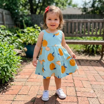 Carter's Blue Orange Citrus Fruit Print Tiered Sleeveless Baby Dress 9 Months